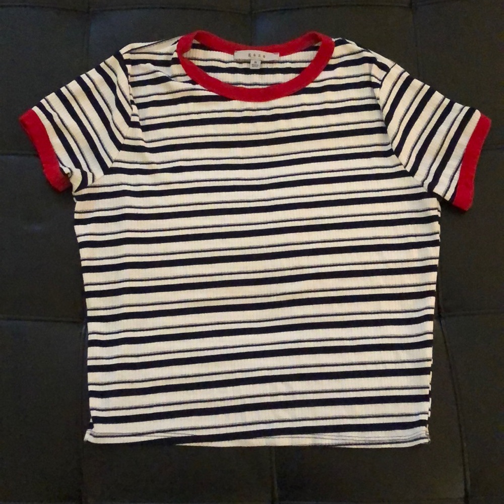 blue and white striped short sleeve shirt